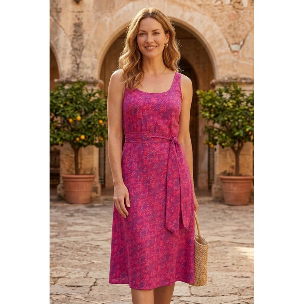 LRL Ralph Lauren Belted Crepe Midi Dress Womens 14 Fuchsia Geo Print NEW NWT